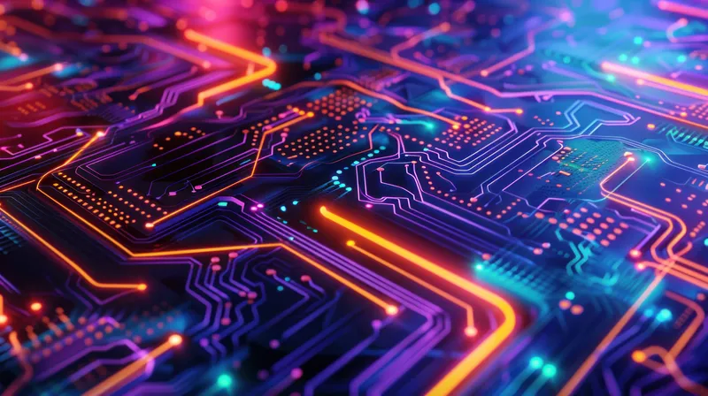Крупный план красочной цифровой печатной платы с яркими неоновыми линиями и сложными узорами