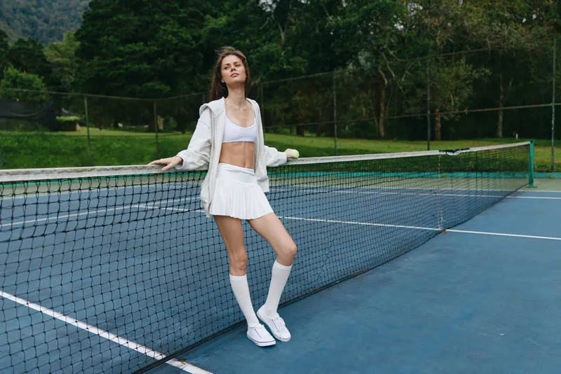 Young athletic woman in white sportswear exuding confidence on a tennis court, showcasing healthy lifestyle and dedication to fitness