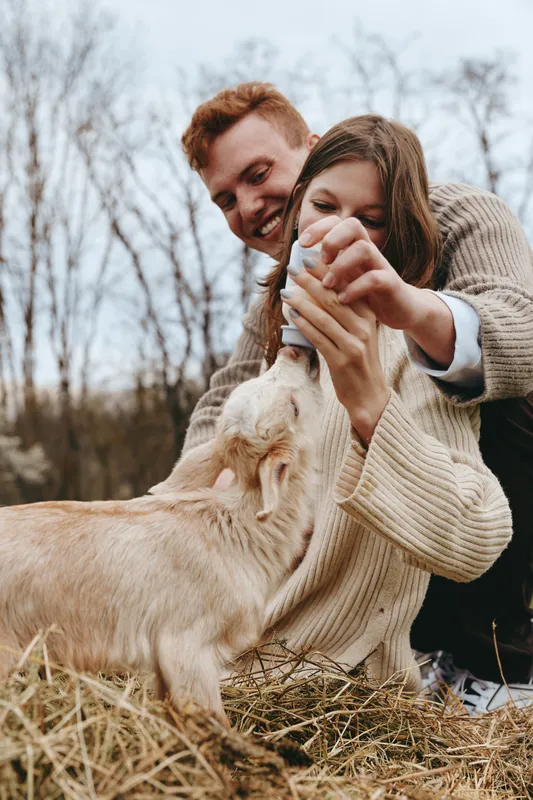 Smiling couple outdoors bottle feeding a goat kid, cozy sweaters, natural light, grassy field, candid lifestyle moment, bonding, care, gentle interaction, country mood, affectionate scene