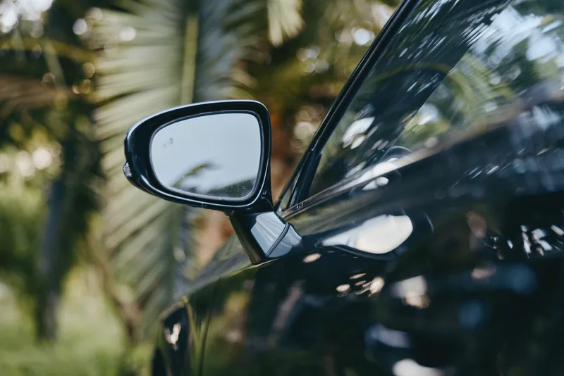 Car side mirror on a glossy black car parked among tropical palm trees, closeup reflection in mirror, travel mood and outdoor lifestyle detail of a sleek sedan exterior.