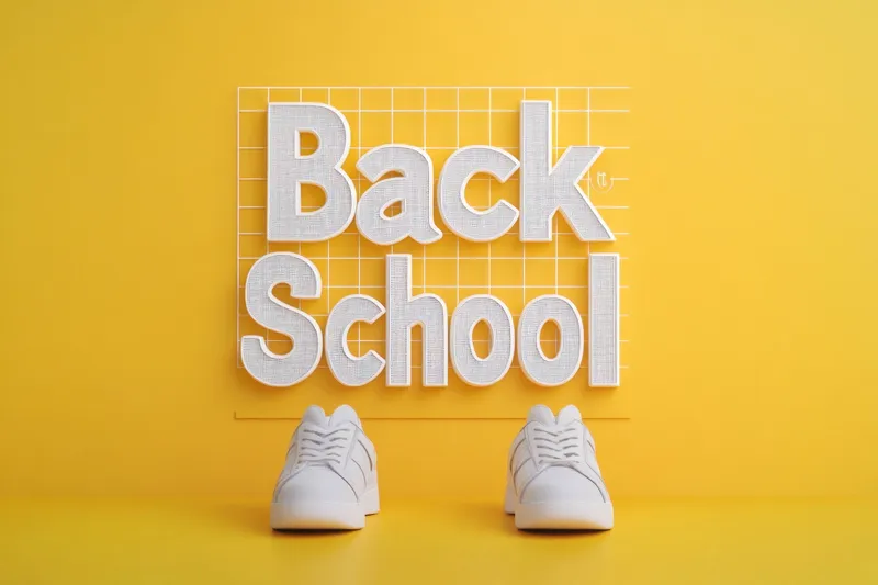 Стильные белые кроссовки в паре с ярким желтым фоном и текстом «Back to School» (Снова в школу)