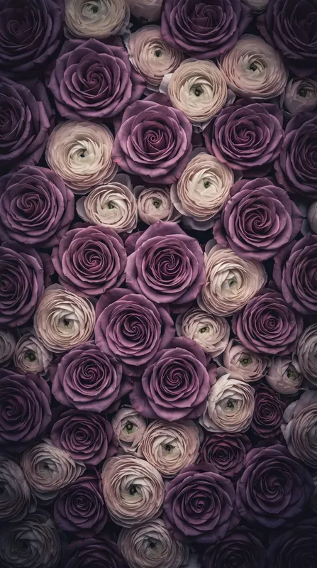 Фронтальный цветочный гобелен из роз цвета mauve и кремовых лютиков в темной винтажной палитре