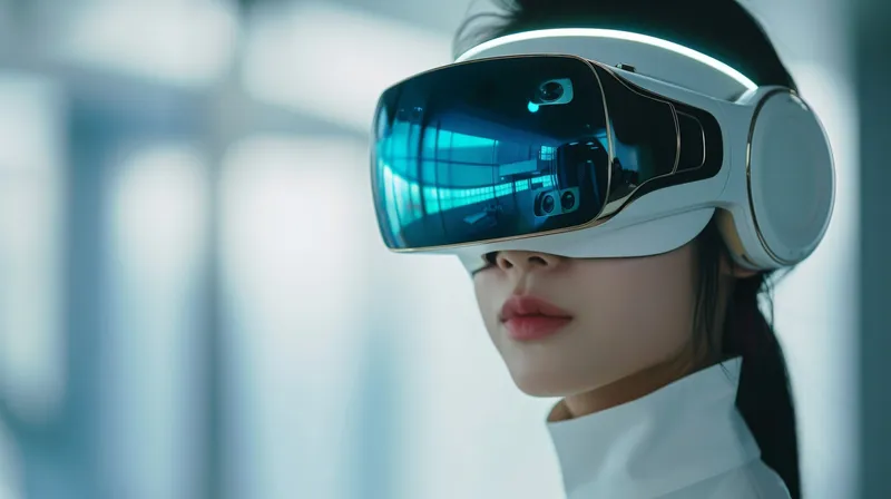 Женщина погружена в опыт виртуальной реальности с VR-гарнитурой, одета в белую одежду и освещена синими огнями