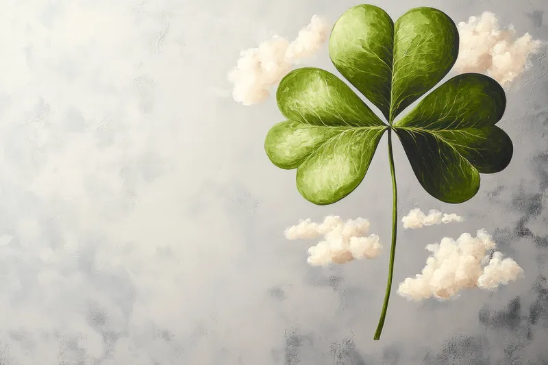 Детальная иллюстрация зеленого четырехлистного клевера, плавно парящего в безмятежном небе, украшенном пушистыми облаками
