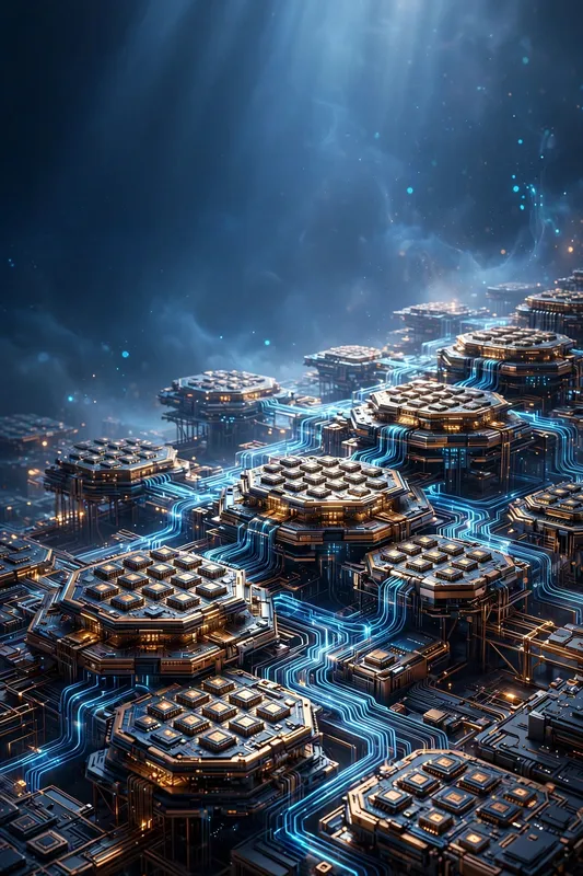 3D-рендер футуристического города с светящимися голубыми каналами