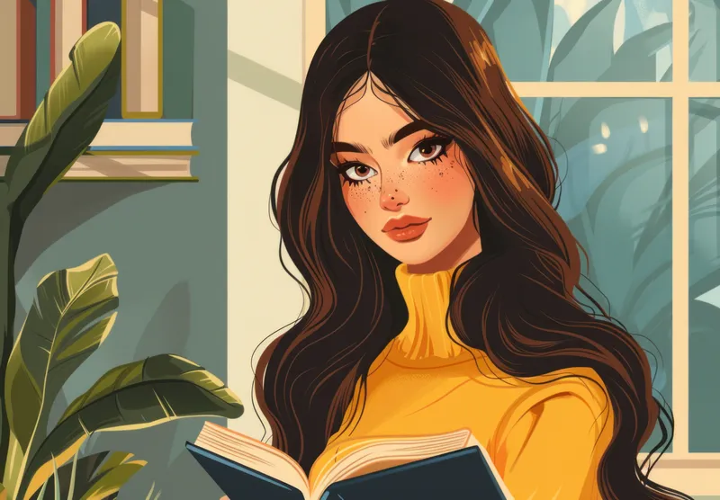 Молодая женщина с длинными темными волосами в желтом свитере читает книгу у солнечного окна в окружении зеленых растений