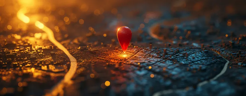 Красная булавка, отмечающая местоположение на карте города ночью, 3D-рендеринг с огнями города на заднем плане