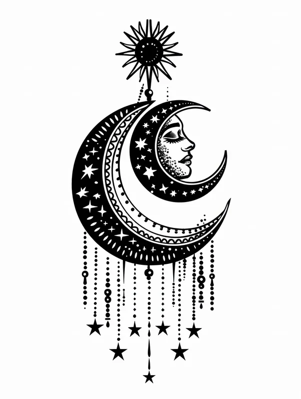 Полумесяц со звездами и лицом в черно-белом исполнении, произведение о небесной красоте и тайне для любителей путешествий и магии