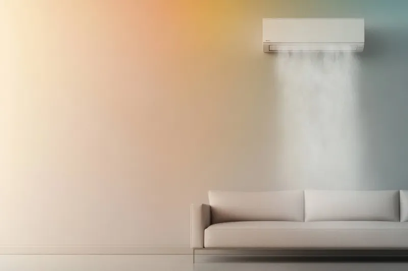 Современная система кондиционирования, установленная на стильной градиентной стене, дополняющая светло-бежевый диван, идеально подходит для создания освежающей и комфортной атмосферы в современной…