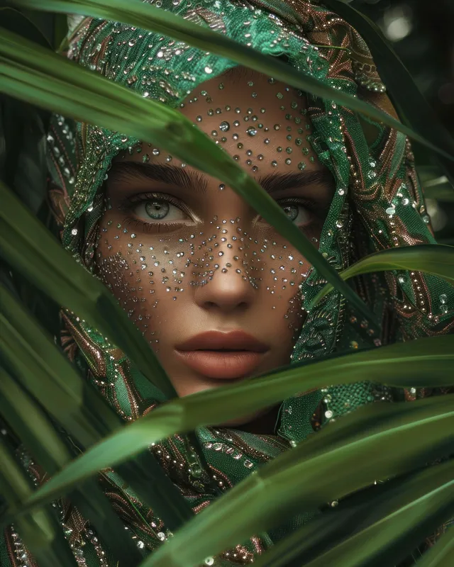 Крупный план женщины с замысловатым бисерным узором на лице в окружении ярких зеленых листьев