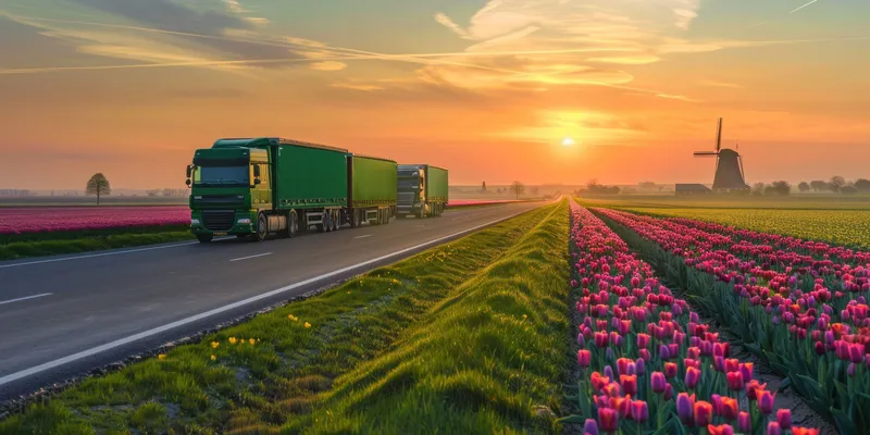 Грузовики проезжают через поля тюльпанов на восходе солнца в Нидерландах, живописный пейзаж с красочными цветами