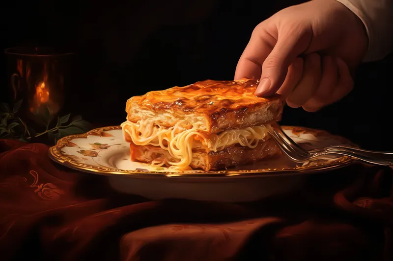 Запеченная лазанья, блюдо с томатами, базиликом, овощами, приготовленное, вкусный ужин, еда на тарелке, лазанья с сыром, мясом, соусом, обед, итальянская паста, моцарелла, домашнее блюдо на фоне
