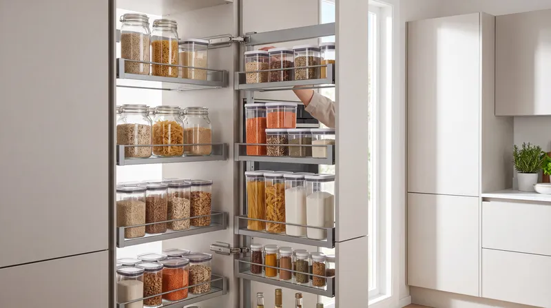 Выдвижной шкаф-кладовка с раздвижными полками и прозрачными контейнерами демонстрирует эффективное решение для хранения на современной кухне