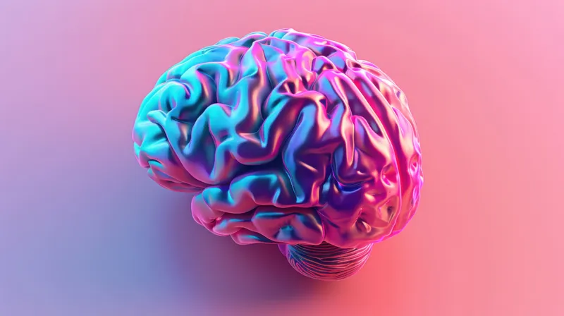 Анатомическая трехмерная иллюстрация человеческого мозга со словом Brain на розово-голубом фоне