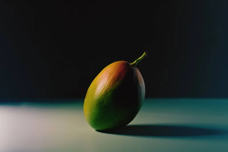 Сочное зеленое манго на минималистичном фоне, подчеркивающее его естественную красоту и привлекательные цвета