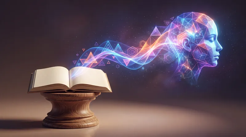 Открытая книга проецирует геометрические волны, которые формируют отдалённый профиль, создавая чистую многоцветную метафору книг и интеллекта