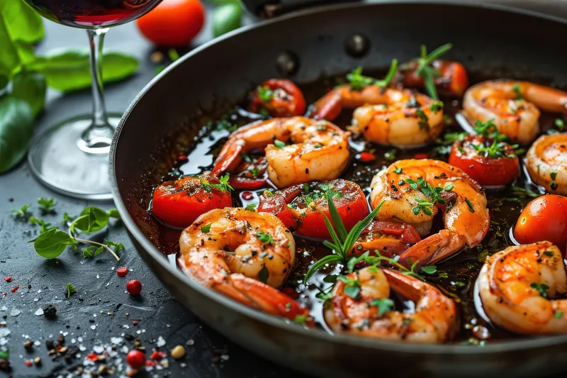 Вкусные тигровые креветки: острое, изысканное морепродуктовое лакомство на тарелке в деревенском стиле с чесноком, лимоном и свежей петрушкой
