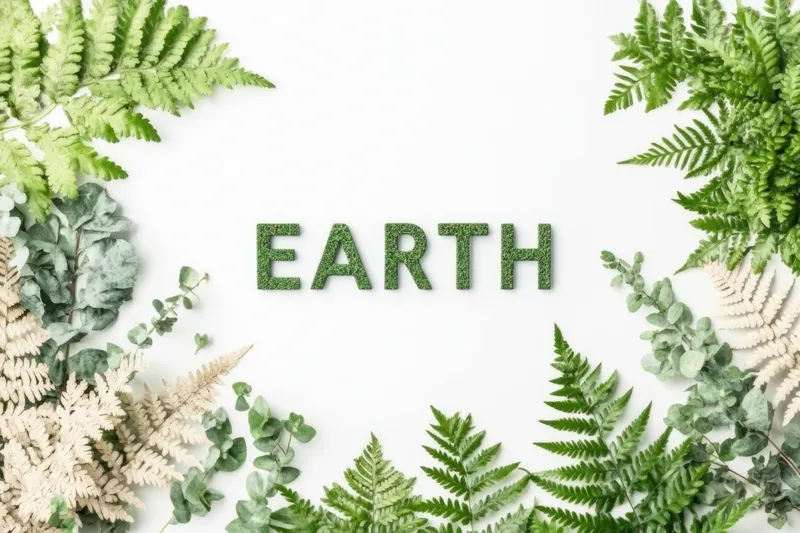 Эстетичная композиция со словом EARTH, окруженным различной зеленой листвой, представляющая природу, экологическую осознанность, устойчивое развитие и концепции здорового образа жизни