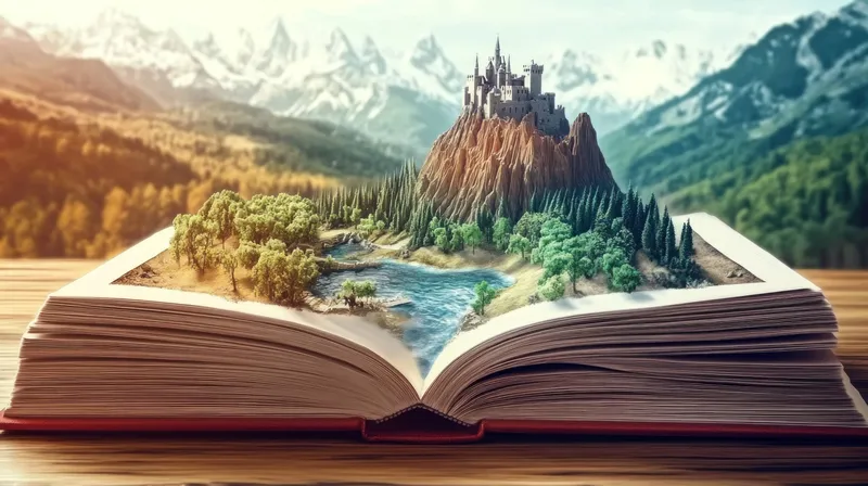 Фантастическая сцена замка на горе, изображенная в открытой книге, в окружении пышных деревьев и спокойной реки