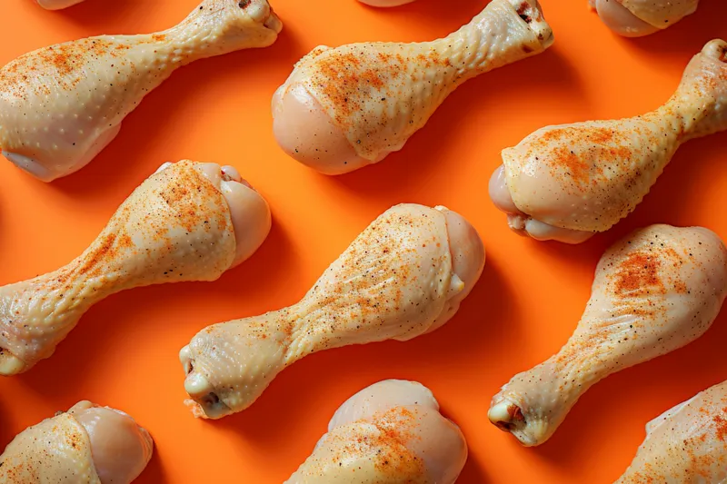 Вкусные куриные голени, выложенные на оранжевом фоне, с различными специями и приправами сверху