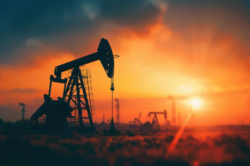 Нефтяные качалки вырисовываются силуэтами на фоне потрясающего заката, с глубокими оранжевыми и фиолетовыми тонами в небе, создавая захватывающий контраст с механизмами на переднем плане