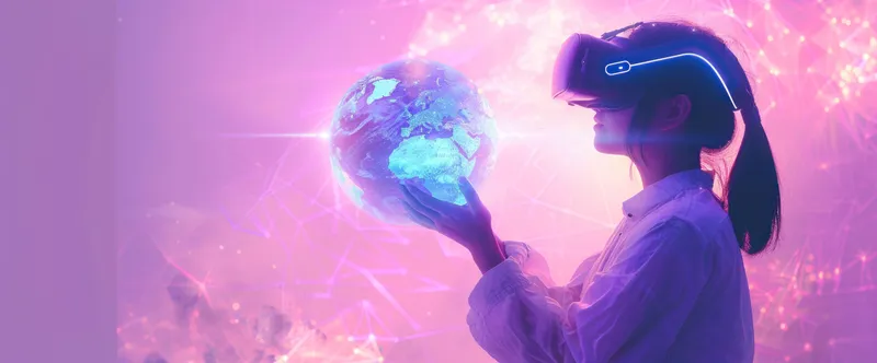Человек в VR-шлеме взаимодействует с цифровым глобусом на фоне яркого фиолетового фона, заполненного абстрактными узорами