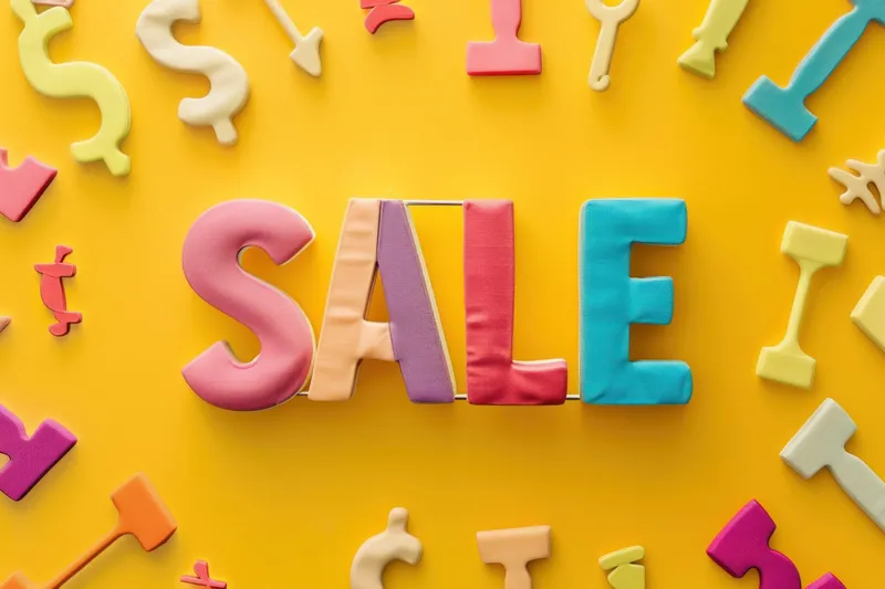 На желтом фоне разноцветные пластиковые буквы и цифры окружают слово sale для продвижения бизнеса и скидок