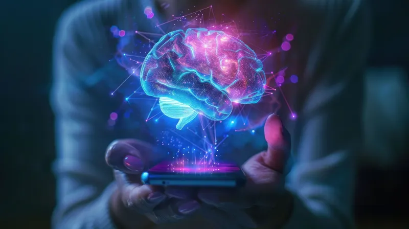 Человек держит смартфон со светящимся мозгом и текстом 'smart brain' на экране