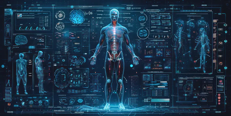 Футуристический технологический интерфейс: цифровая графика будущего здоровья на экране с инфографикой тела