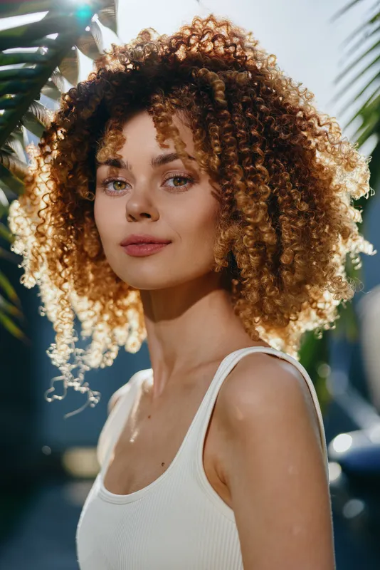 young woman with curly hair wearing white tank top outdoors in sunny natural light portrait with blurred tropical leaves background and warm glowing sunlight