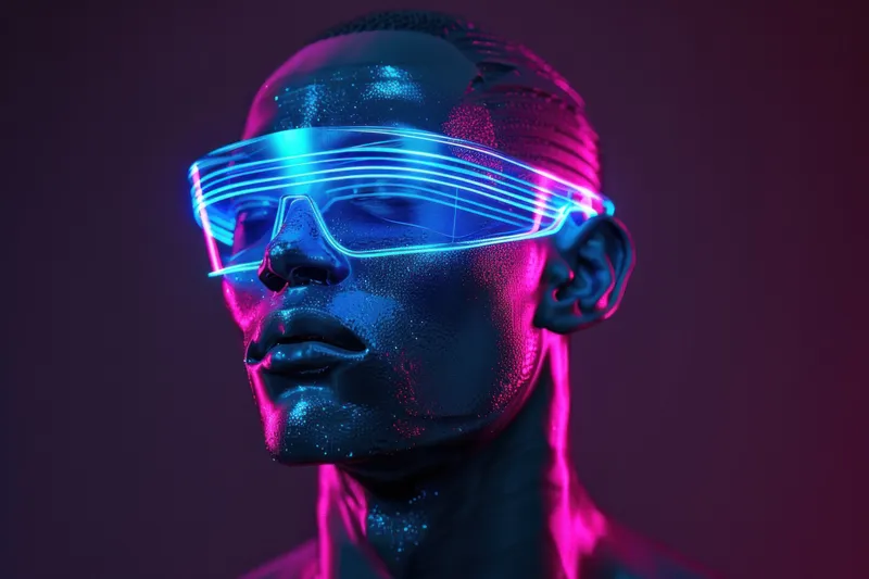 Мужчина в неоновых очках на темном фоне, 3D-рендеринг, футуристическое модное заявление в среде виртуальной реальности