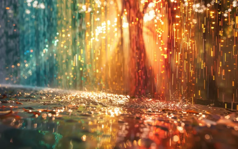 Яркая и сказочная сцена падающего дождя, освещенного разноцветными огнями, создающая волшебную атмосферу