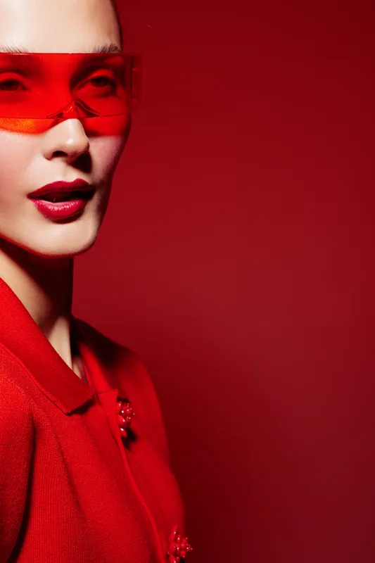 Close-up of a stylish woman wearing red sunglasses and red lipstick against a red background. Fashion portrait with bold makeup and modern accessories, concept of glamour and style.