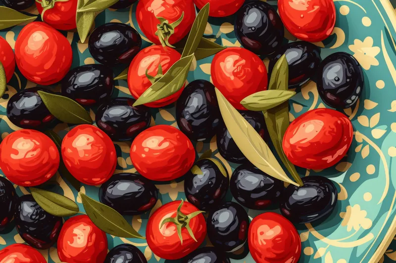 Тарелка спелых красных и черных оливок на ярком бирюзовом фоне, идеально подходит для концепции средиземноморской кухни