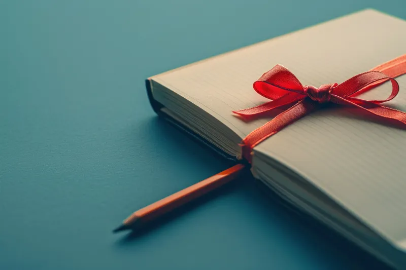 Открытая книга с красной ленточкой и карандашом на голубом фоне