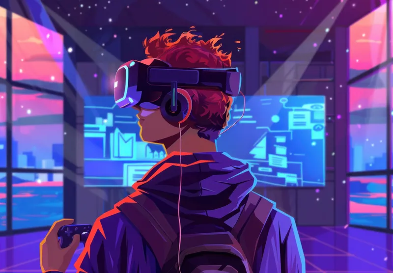 Геймер в VR-шлеме взаимодействует с цифровым интерфейсом в окружении ярких огней и высокотехнологичной среды