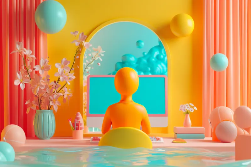3D-рендеринг сосредоточенного мужчины, сидящего за столом и работающего за экраном компьютера в современном офисном помещении
