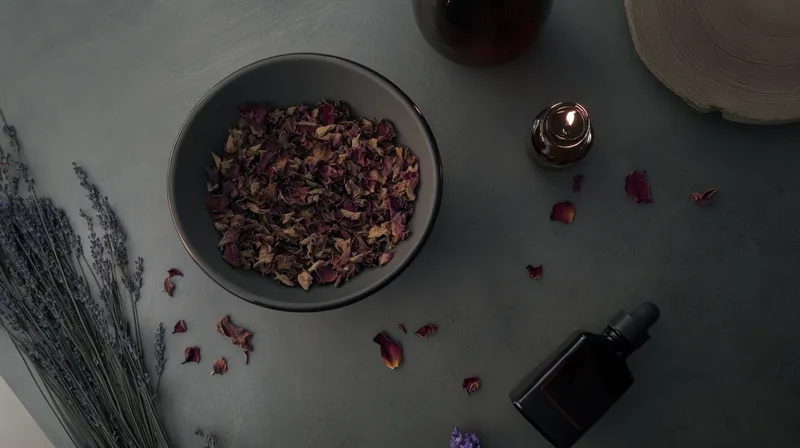 Безмятежная flat lay композиция с сухоцветами, эфирными маслами и свечой, передающая суть ароматерапии и заботы о себе в успокаивающей цветовой палитре