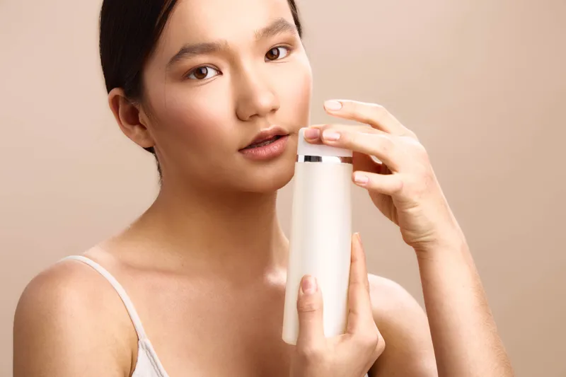Asian woman holds a sleek skincare bottle near her face in a soft studio setting, creating a calm and confident vibe that highlights a fresh beauty routine and modern self care.