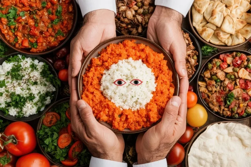 Восхитительные руки преподносят яркую миску с рисом в художественной подаче в окружении разнообразных культурных блюд, что подчеркивает здоровое питание, кулинарное искусство и общность
