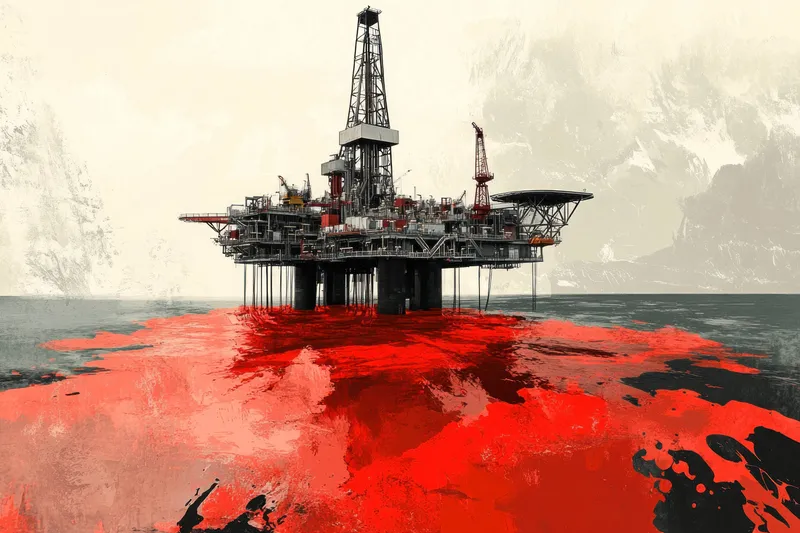 Разительный контраст нефтяной платформы и кроваво-красной воды передает острую проблему разливов нефти и их разрушительное воздействие на жизнь океана, подчеркивая экологические проблемы
