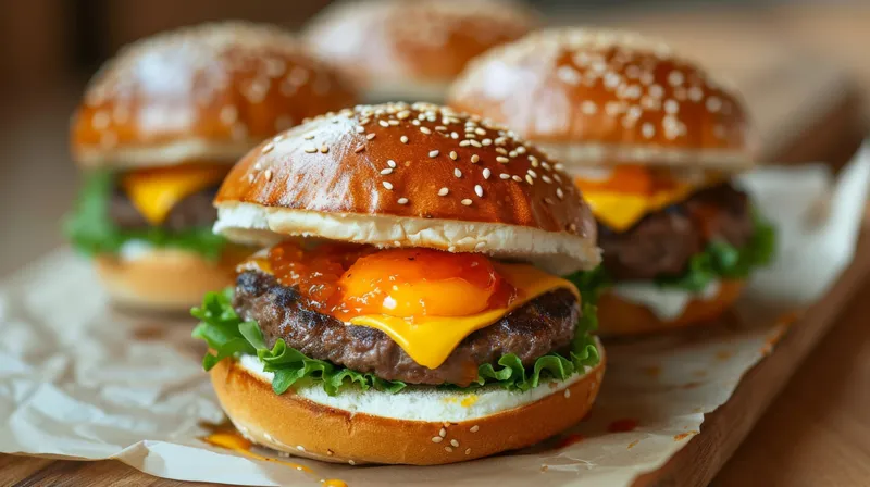 Вкусные сочные гамбургеры с сыром, салатом и яйцом, поданные на деревянной разделочной доске в деревенском стиле