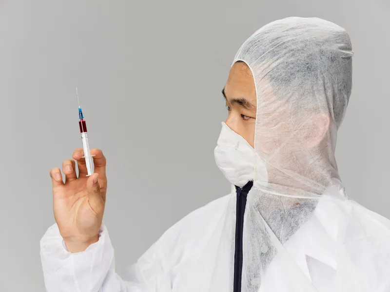 Мужчина в медицинской одежде держит в руках шприц для инъекционного лечения