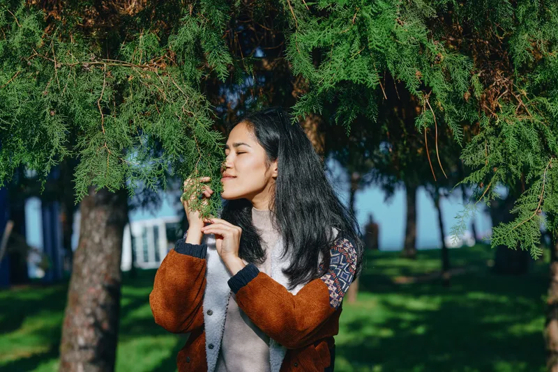 Nature, woman, outdoor park scene with trees, greenery and fragrance as she smells leaves, calm moment of outdoor exploration and fresh air