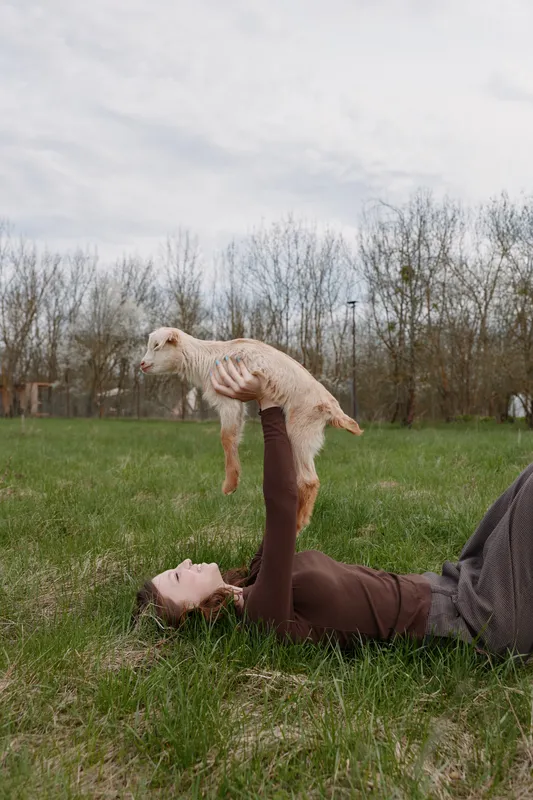 Playful scene of a person lying on grass lifting a young goat, showing a gentle bond in an outdoor lifestyle setting, warm light, natural textures, candid moment of joy