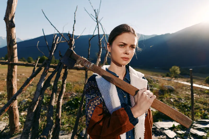 Woman with axe over shoulder in rural countryside near wooden fence and mountains, outdoor portrait of a determined young person in a traditional jacket, sunlight and rustic landscape.