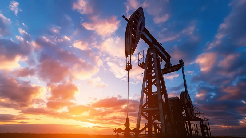 Впечатляющее изображение нефтяной качалки, силуэт которой выделяется на фоне яркого закатного неба, наполненного облаками