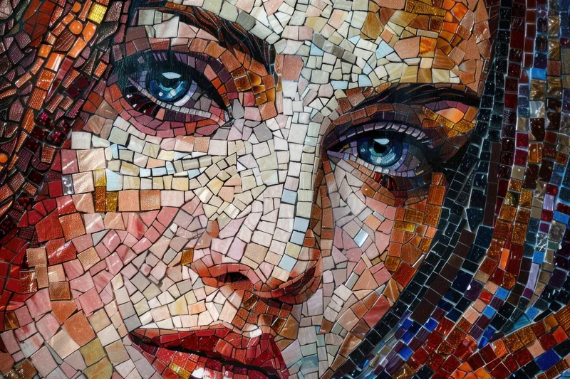 Детальное мозаичное произведение искусства, изображающее женское лицо, с яркими цветами и выразительными глазами на текстурированном фоне