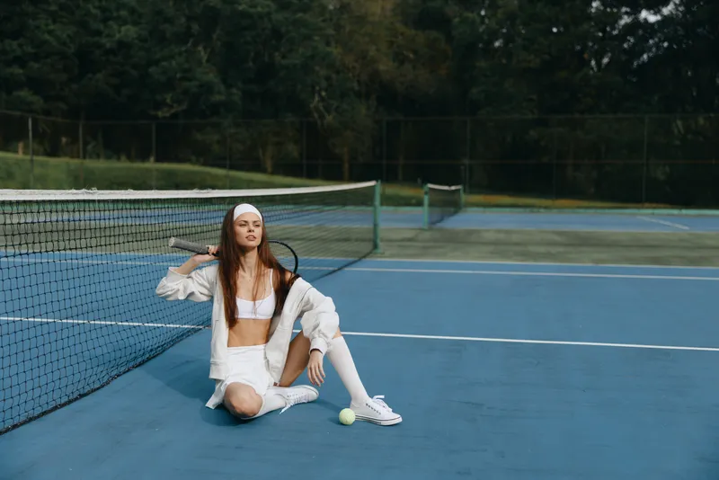 Young athlete in white sportswear sits on a tennis court, radiating confidence and focus, ideal for sports, fitness, and healthy lifestyle themes