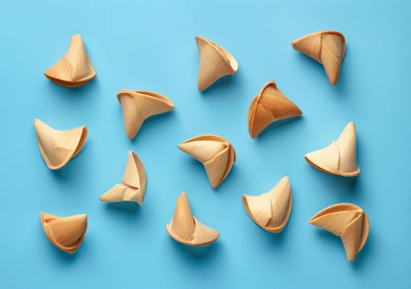 Вид сверху на различные печенья с предсказаниями на ярко-голубой поверхности, подчеркивающий их отличительный дизайн и цвета